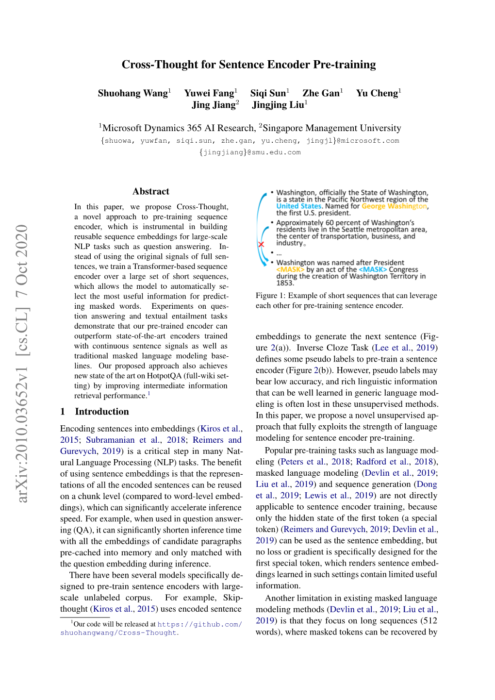 Arxiv:2010.03652V1 [Cs.CL] 7 Oct 2020 Dings), Which Can Signiﬁcantly Accelerate Inference Applicable to Sentence Encoder Training, Because Speed