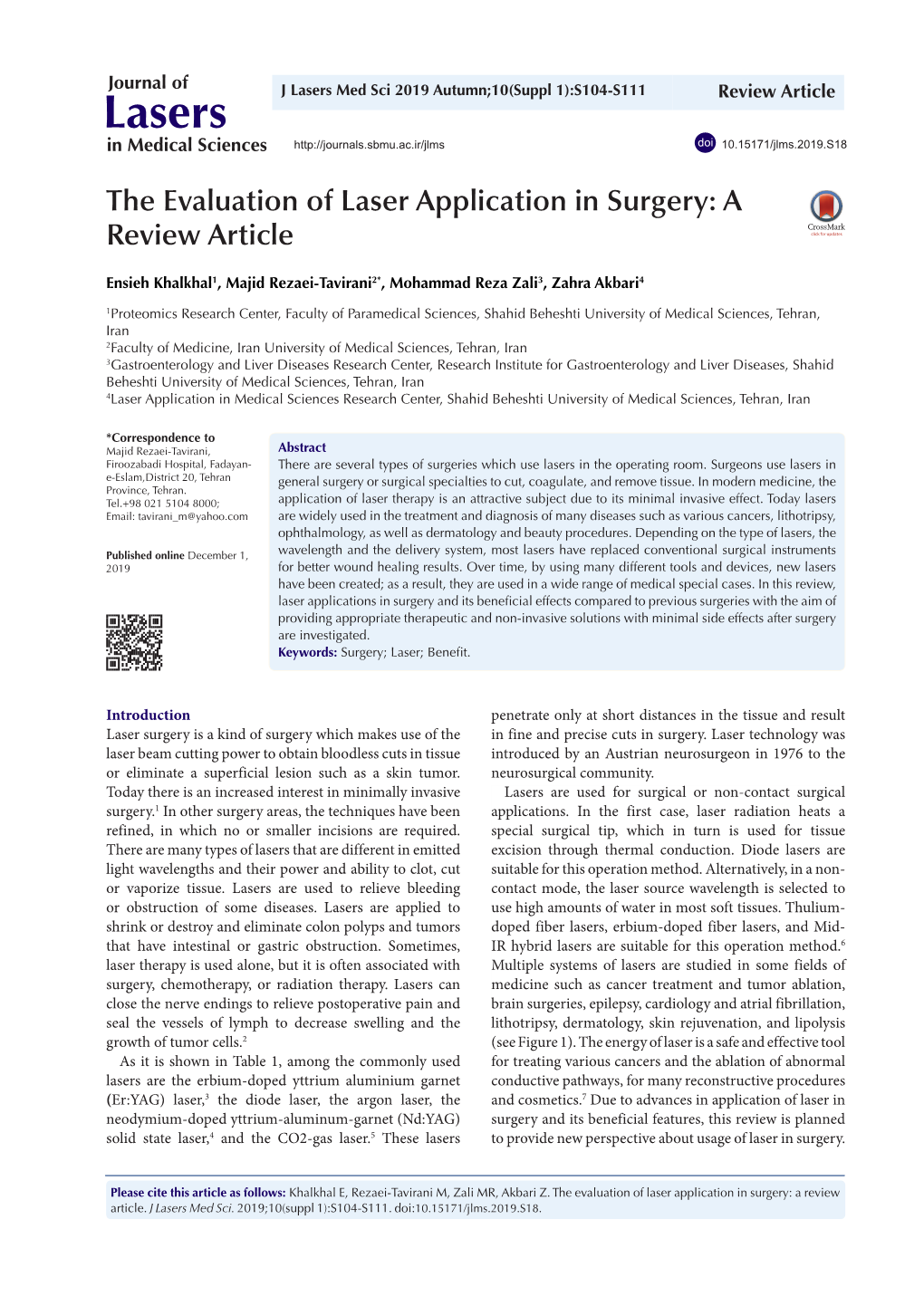 Lasers Med Sci 2019 Autumn;10(Suppl 1):S104-S111 Review Article Lasers in Medical Sciences Doi 10.15171/Jlms.2019.S18