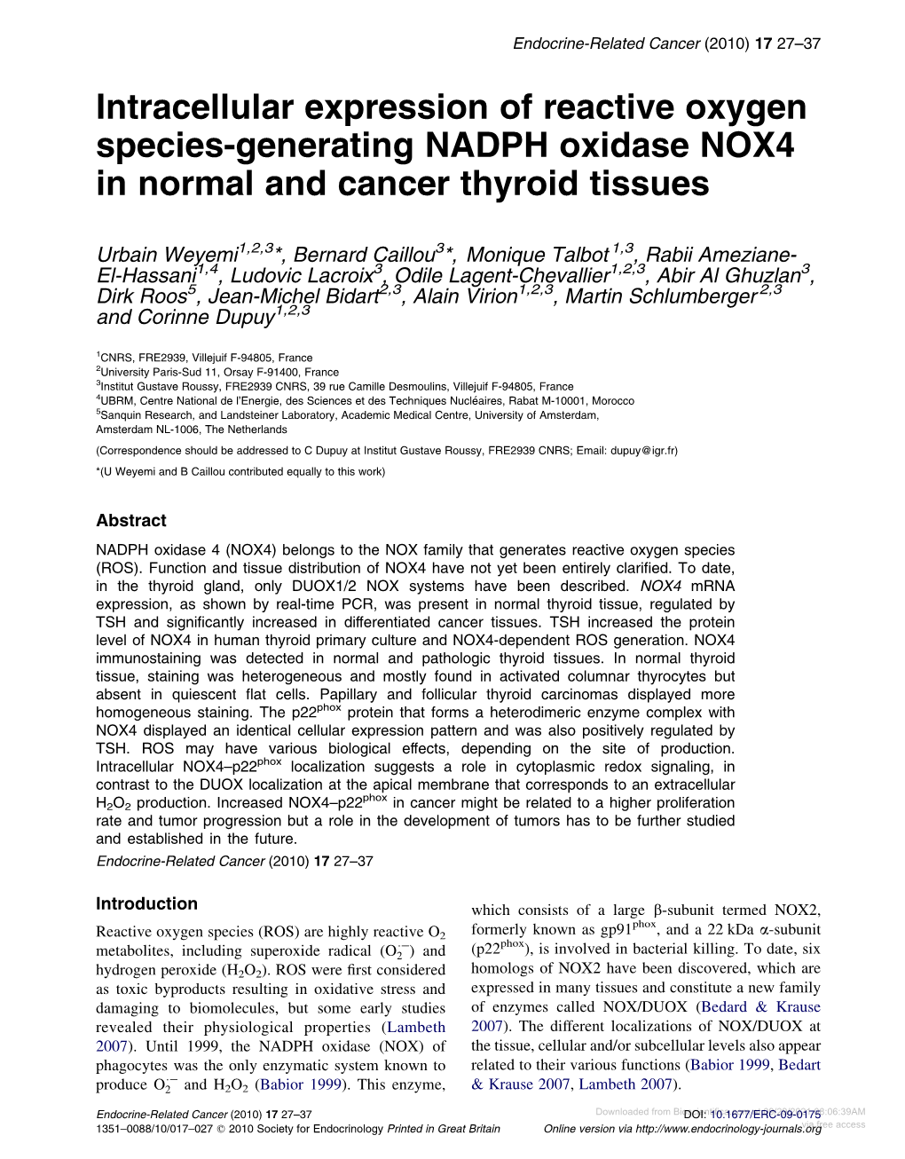 Intracellular Expression of Reactive Oxygen Species-Generating NADPH Oxidase NOX4 in Normal and Cancer Thyroid Tissues