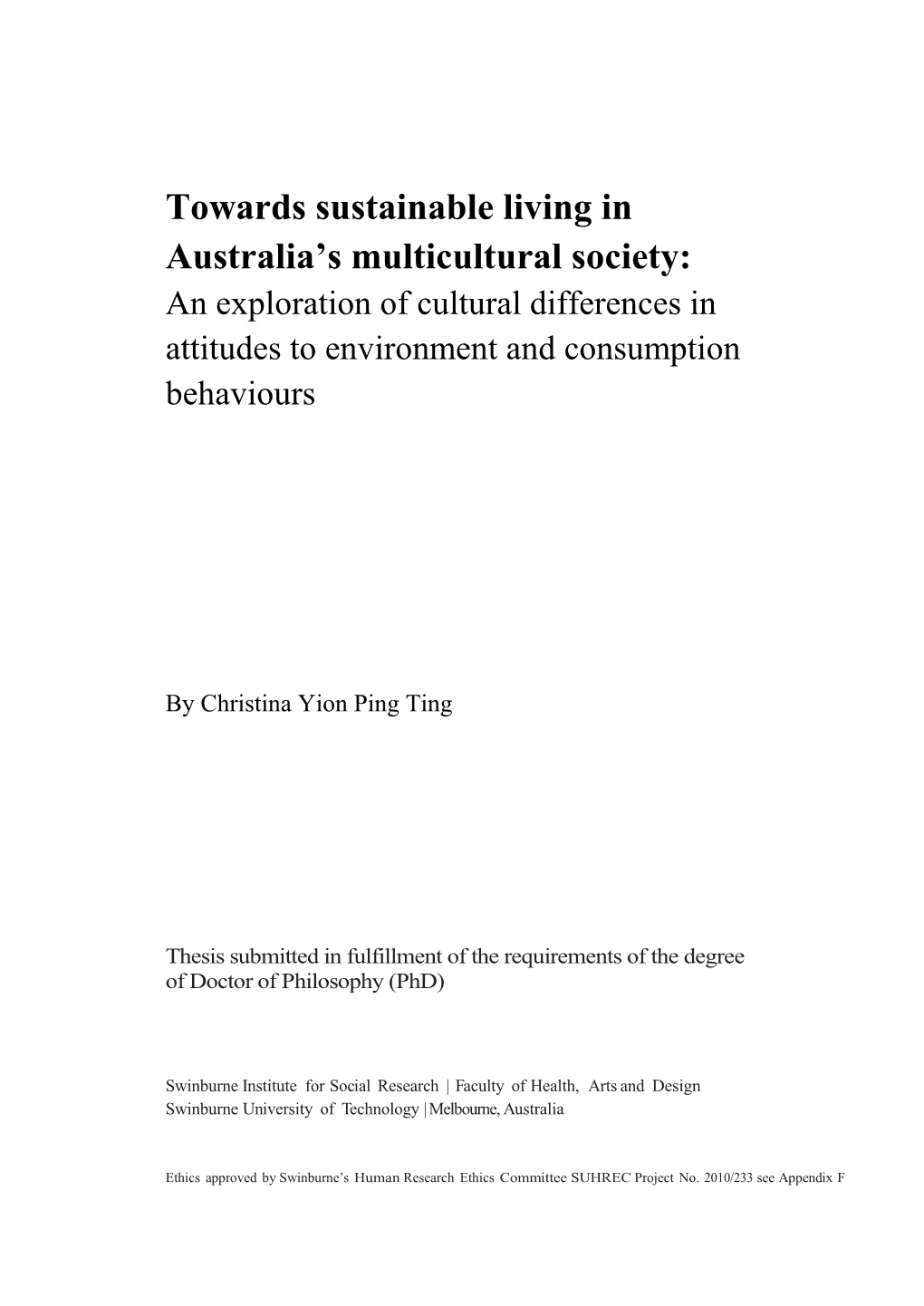 Towards Sustainable Living in Australia's Multicultural Society: an Exploration of Cultural, Social and Linguistic Differences