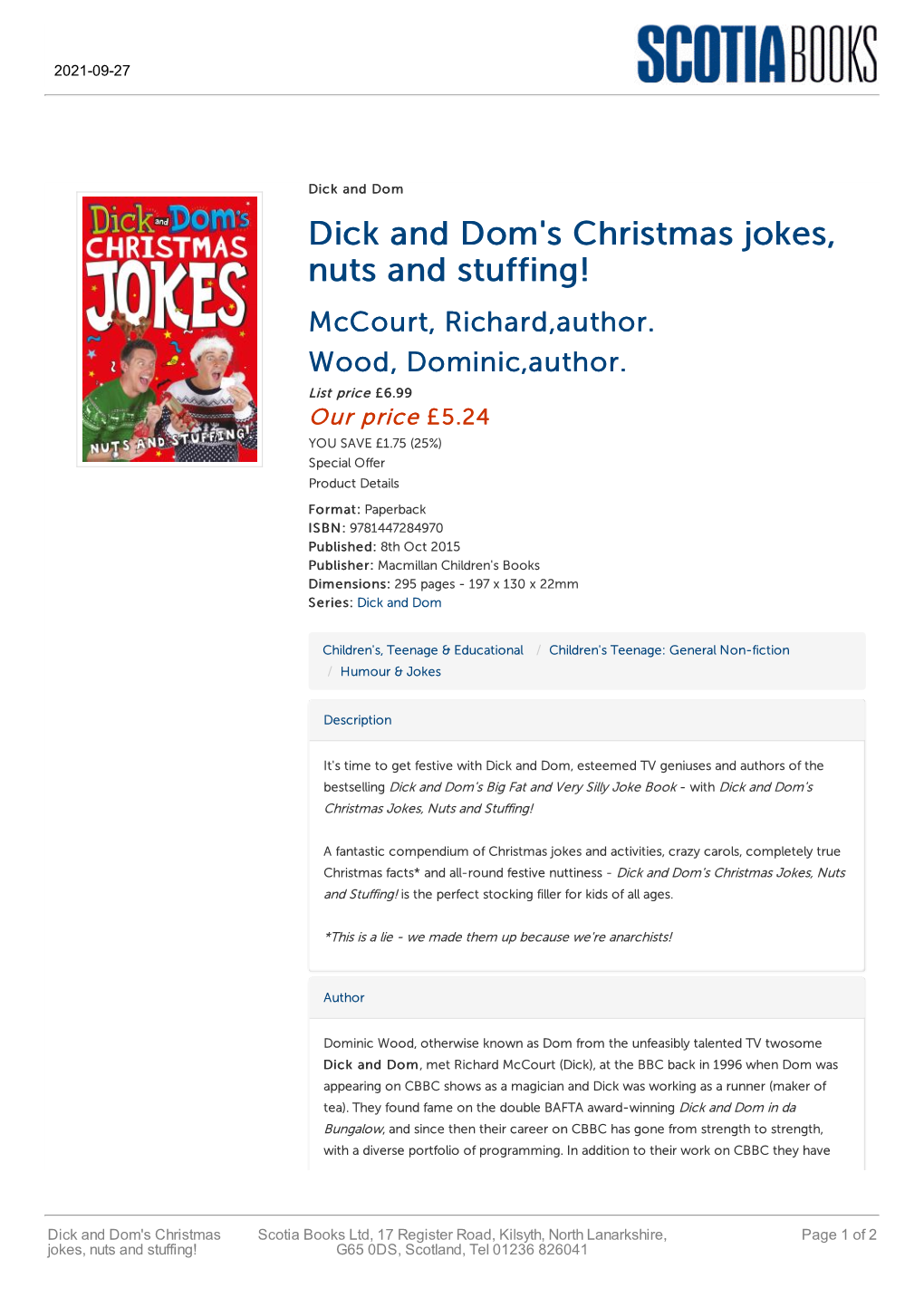 Dick and Dom's Christmas Jokes, Nuts and Stuffing! Mccourt, Richard,Author