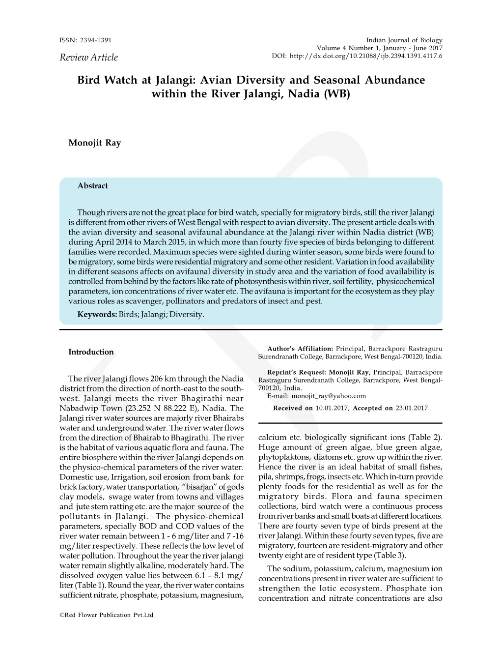 Avian Diversity and Seasonal Abundance Within the River Jalangi, Nadia (WB)