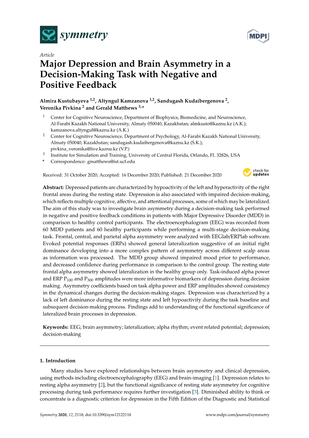 Major Depression and Brain Asymmetry in a Decision-Making Task with Negative and Positive Feedback