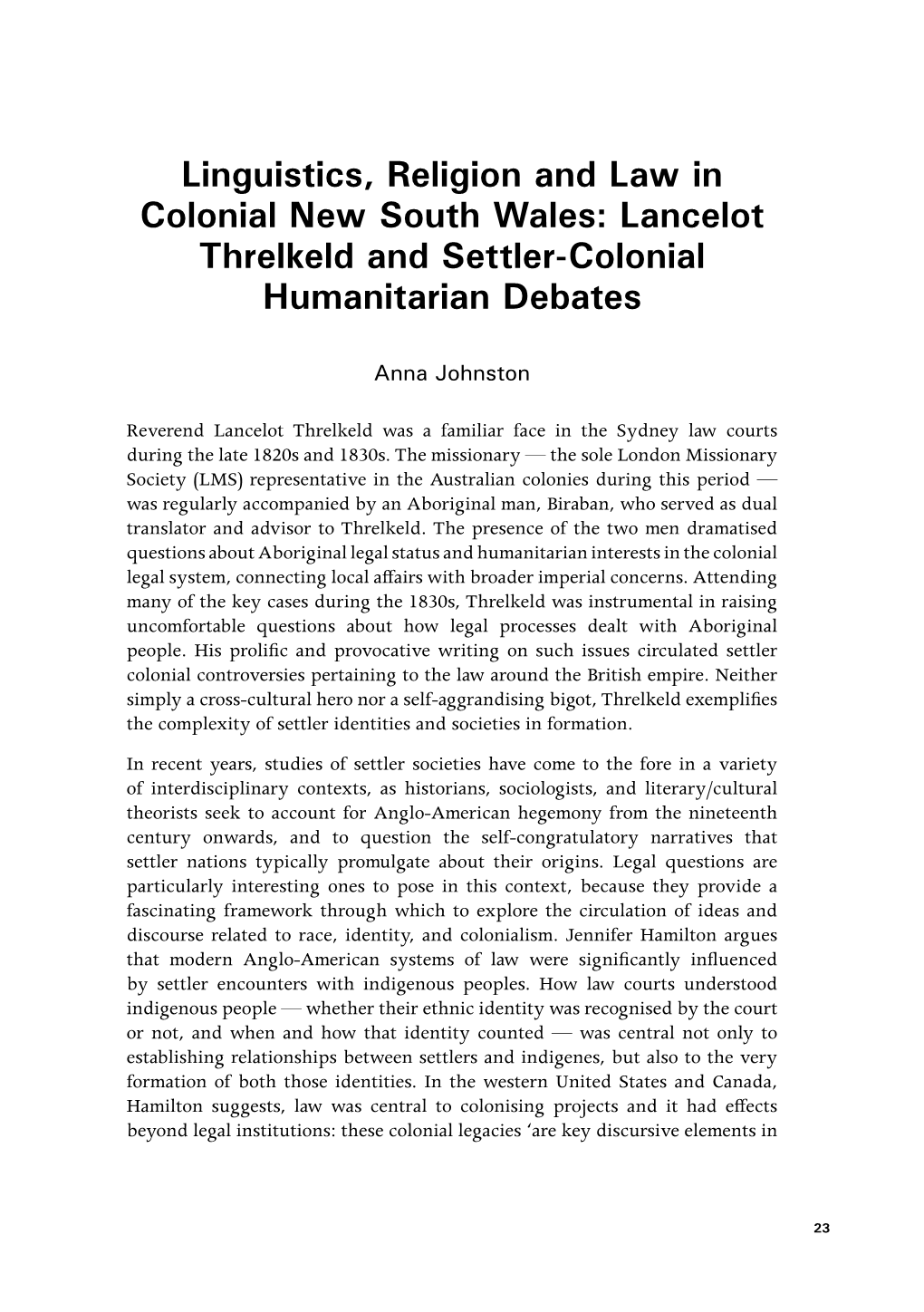 Lancelot Threlkeld and Settler-Colonial Humanitarian Debates