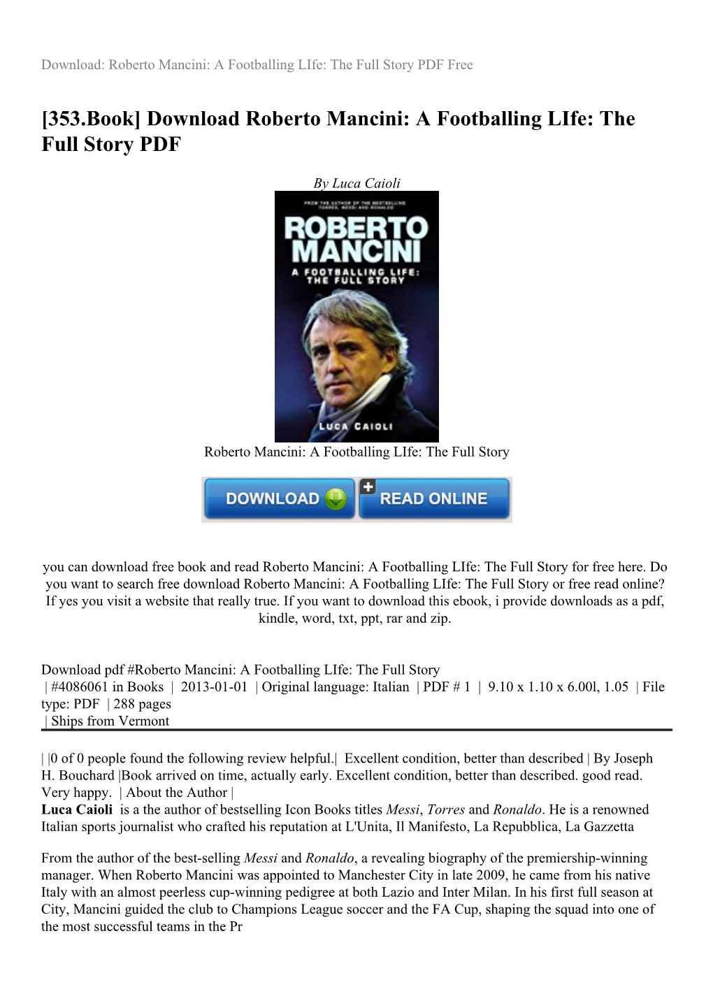 Download Roberto Mancini: a Footballing Life: the Full Story PDF