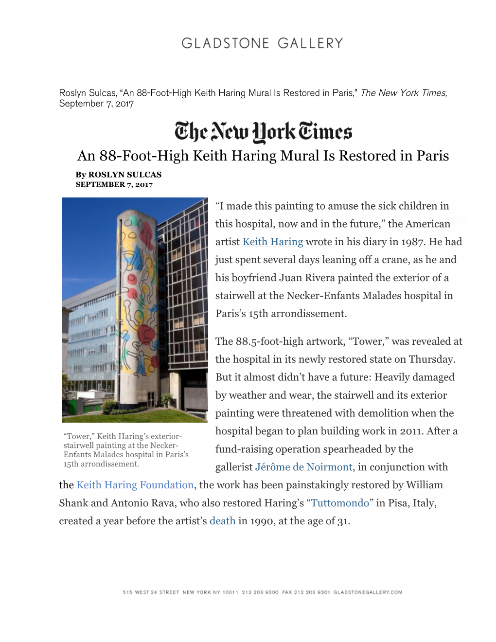An 88-Foot-High Keith Haring Mural Is Restored in Paris,” the New York Times, September 7, 2017
