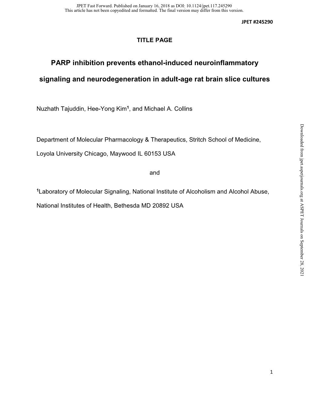 PARP Inhibition Prevents Ethanol-Induced Neuroinflammatory Signaling and Neurodegeneration in Adult-Age Rat Brain Slice Cultures