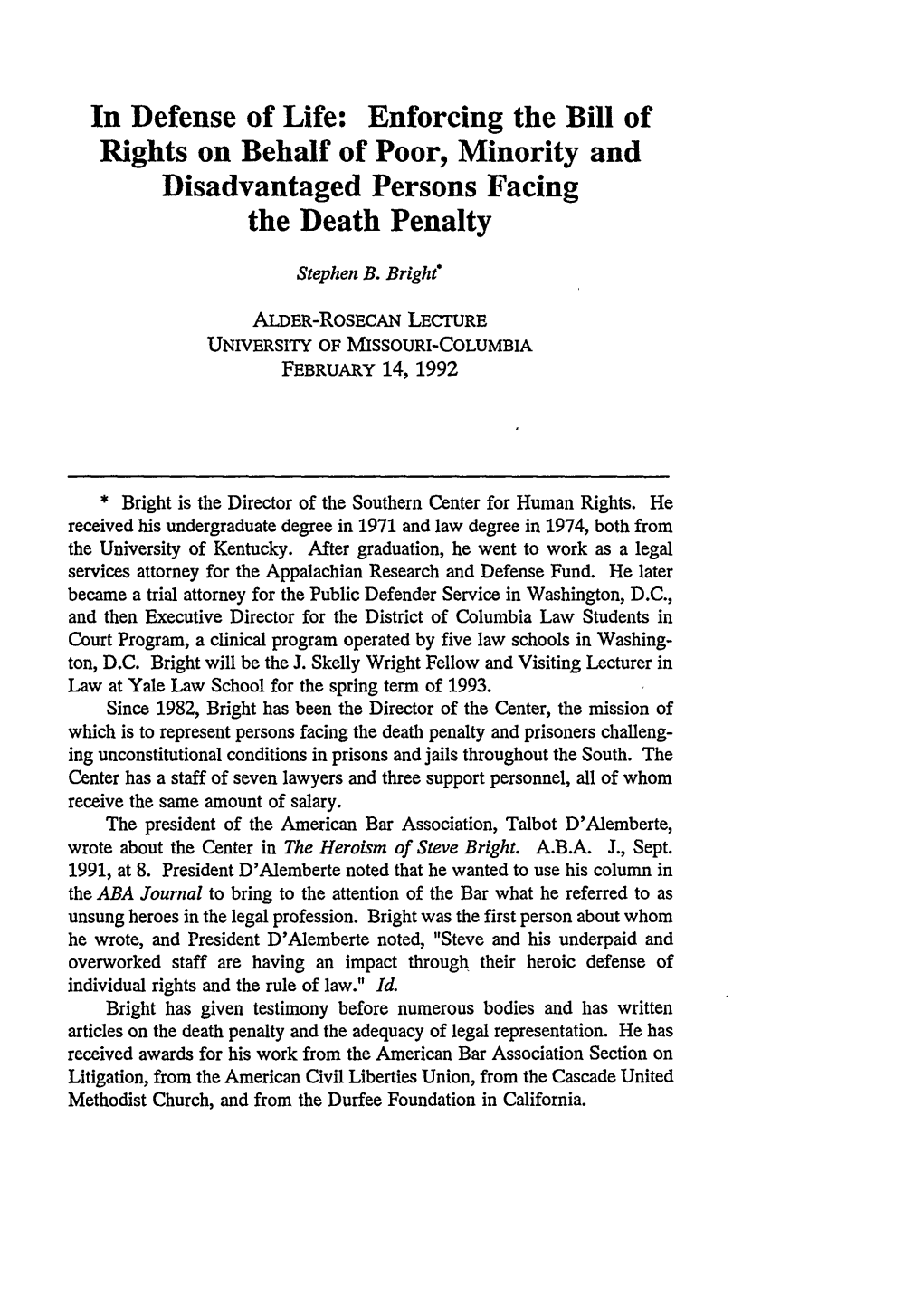 Enforcing the Bill of Rights on Behalf of Poor, Minority and Disadvantaged Persons Facing the Death Penalty