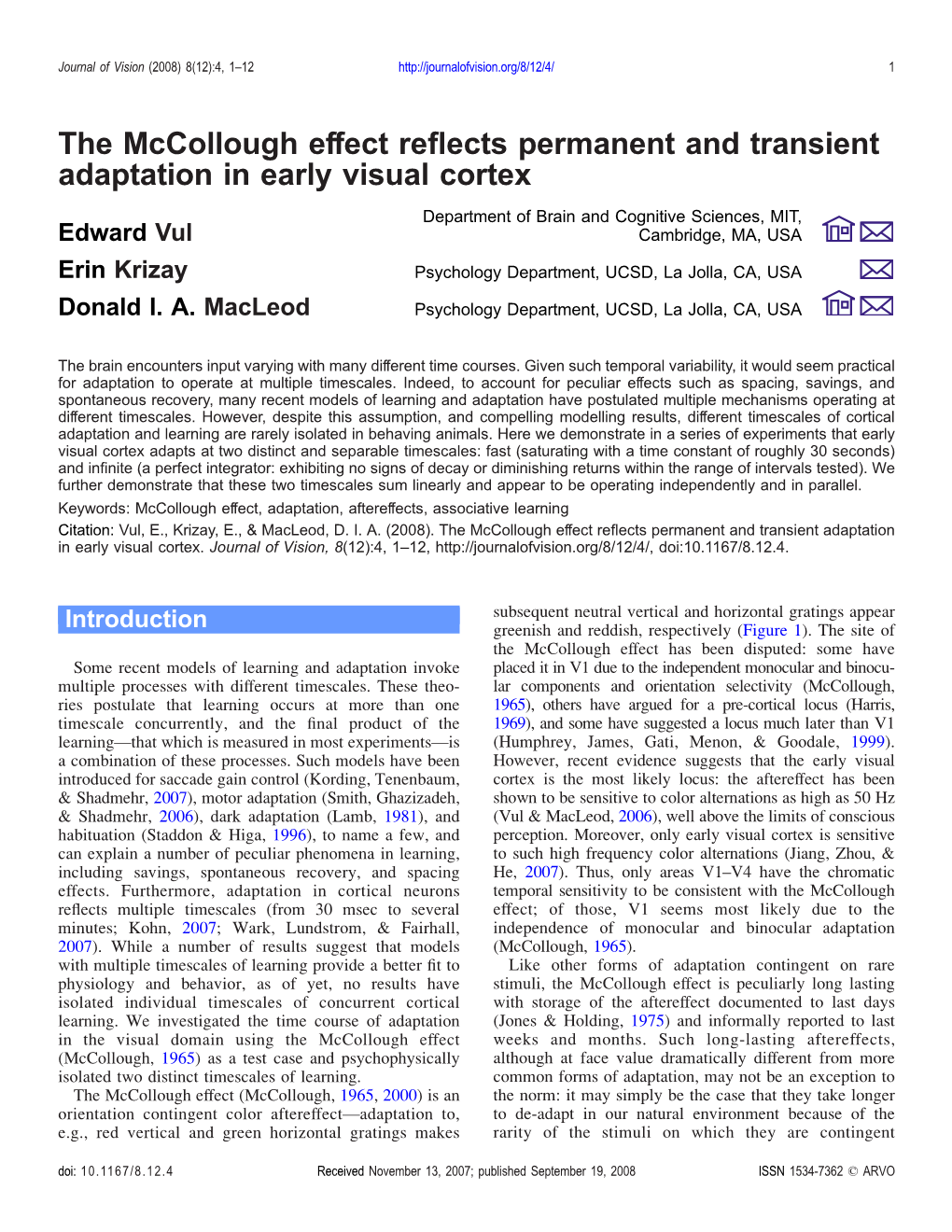 The Mccollough Effect Reflects Permanent and Transient Adaptation