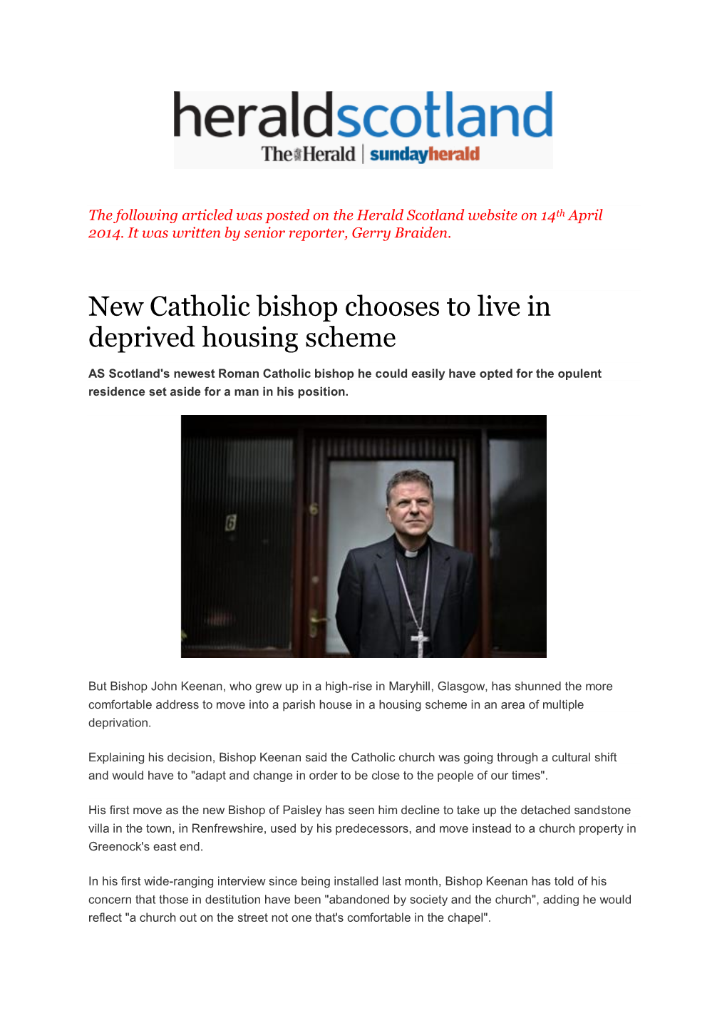 New Catholic Bishop Chooses to Live in Deprived Housing Scheme