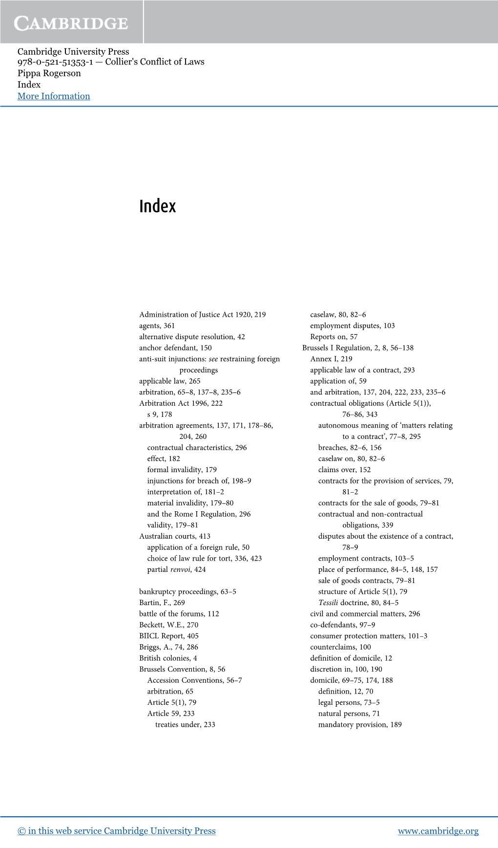 Collier's Conflict of Laws Pippa Rogerson Index More Information