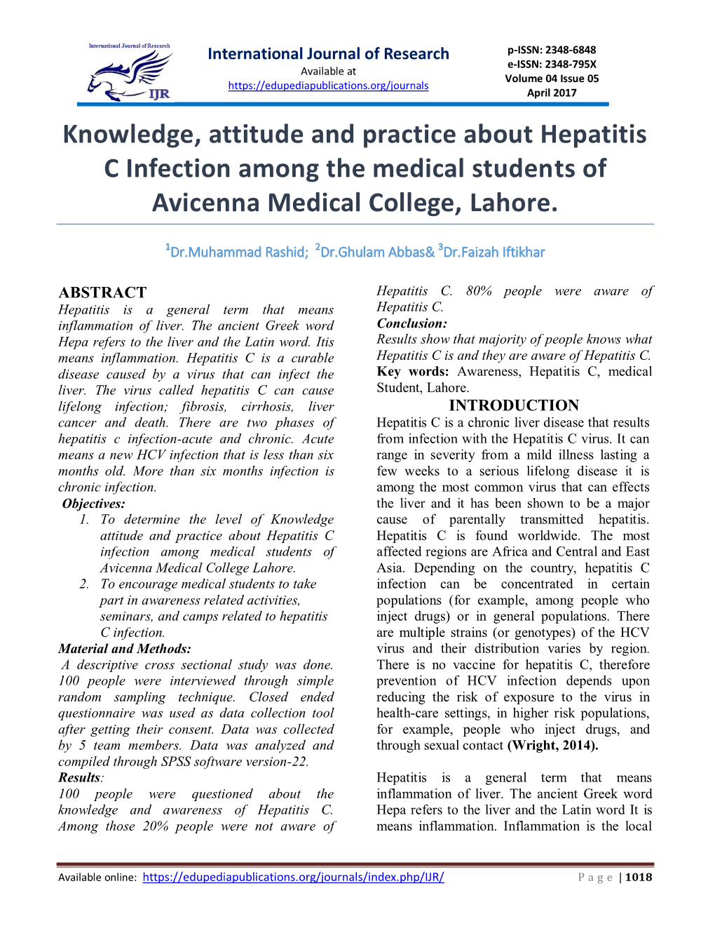 Knowledge, Attitude and Practice About Hepatitis C Infection Among the Medical Students of Avicenna Medical College, Lahore