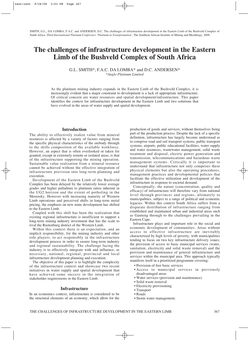 The Challenges of Infrastructure Development in the Eastern Limb of the Bushveld Complex of South Africa