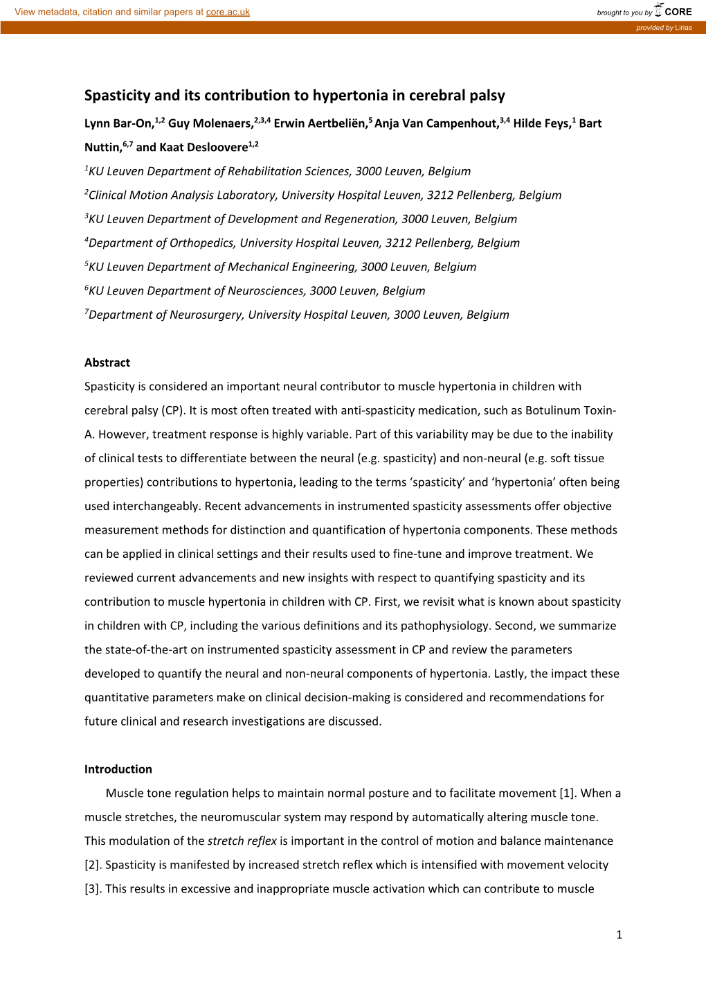 Spasticity and Its Contribution to Hypertonia in Cerebral Palsy Final