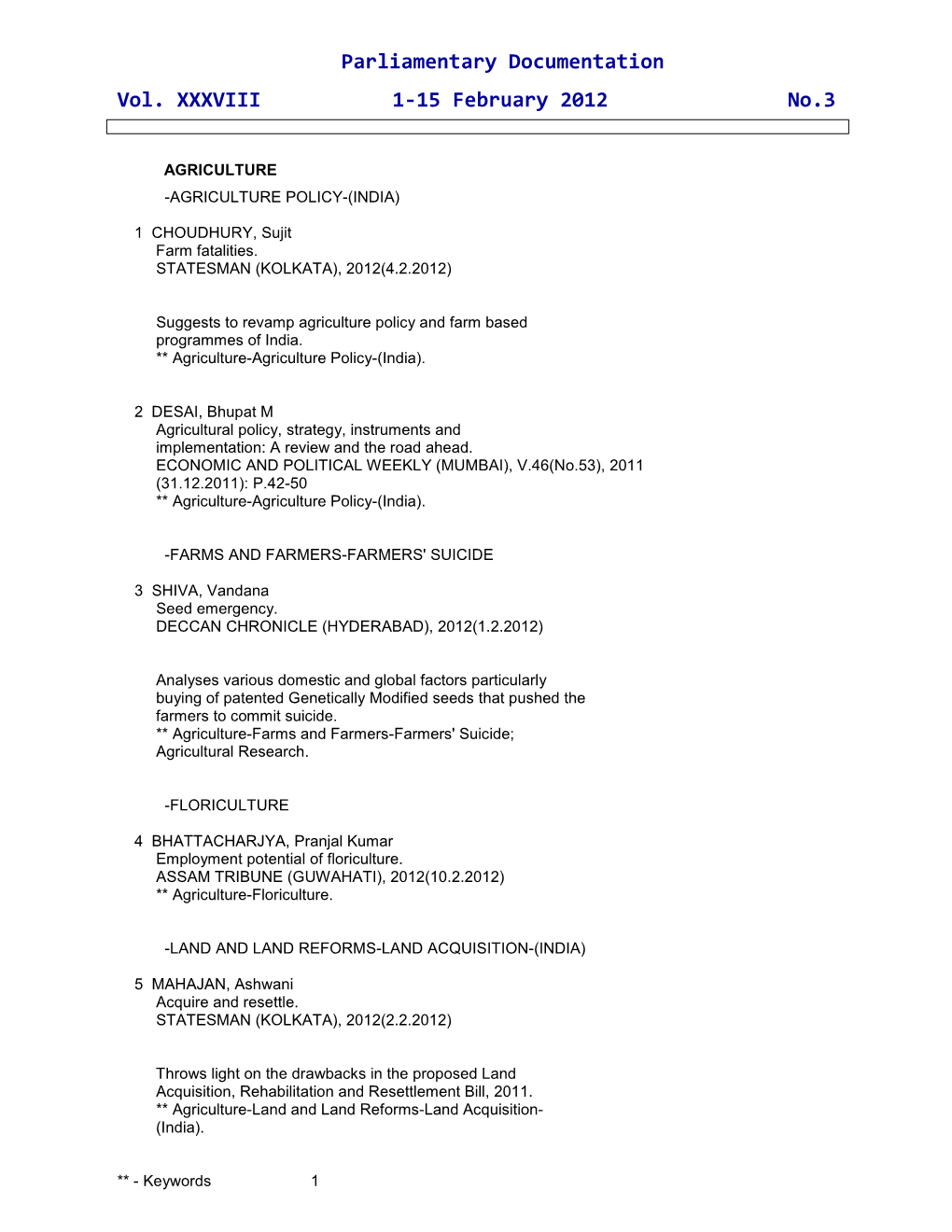 Parliamentary Documentation Vol. XXXVIII 1-15 February 2012 No.3