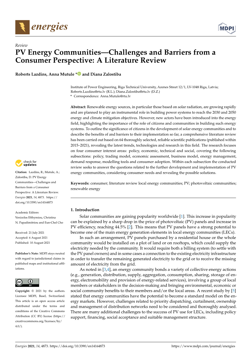 PV Energy Communities—Challenges and Barriers from a Consumer Perspective: a Literature Review