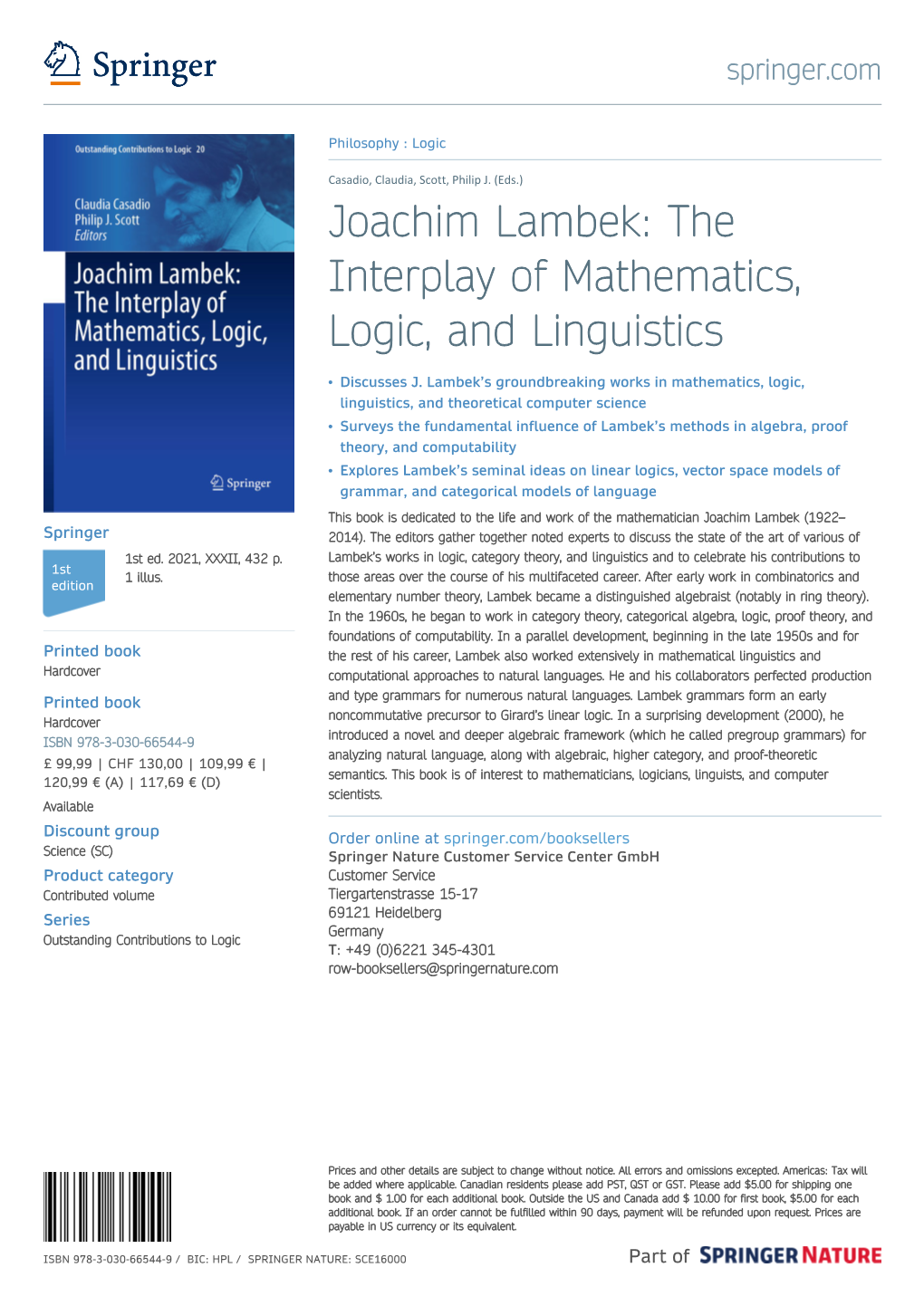Joachim Lambek: the Interplay of Mathematics, Logic, and Linguistics