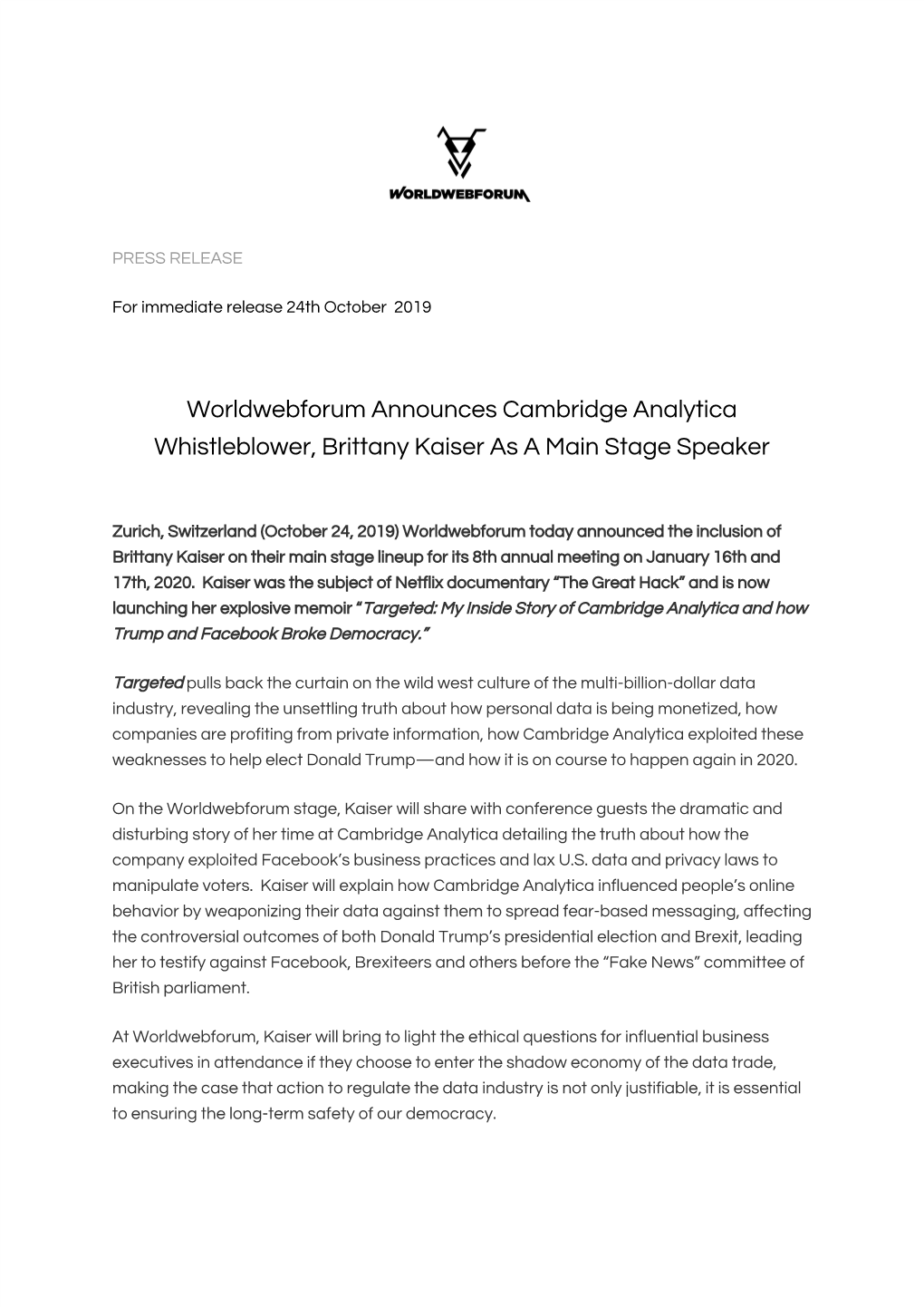Worldwebforum Announces Cambridge Analytica Whistleblower, Brittany Kaiser As a Main Stage Speaker