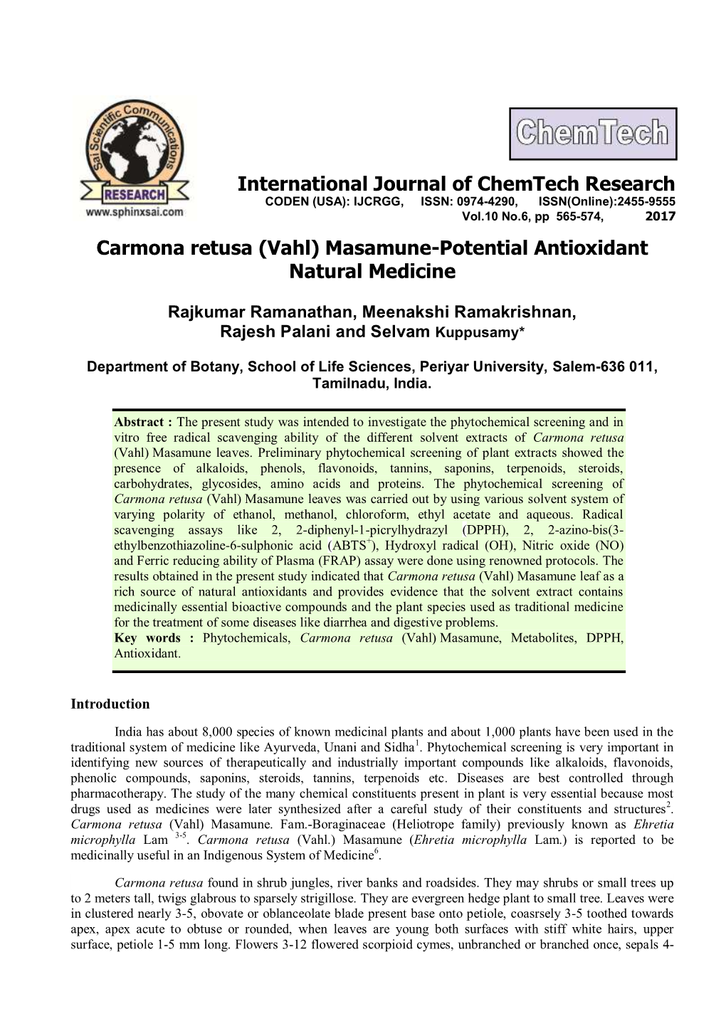 Carmona Retusa (Vahl) Masamune-Potential Antioxidant Natural Medicine International Journal of Chemtech Research