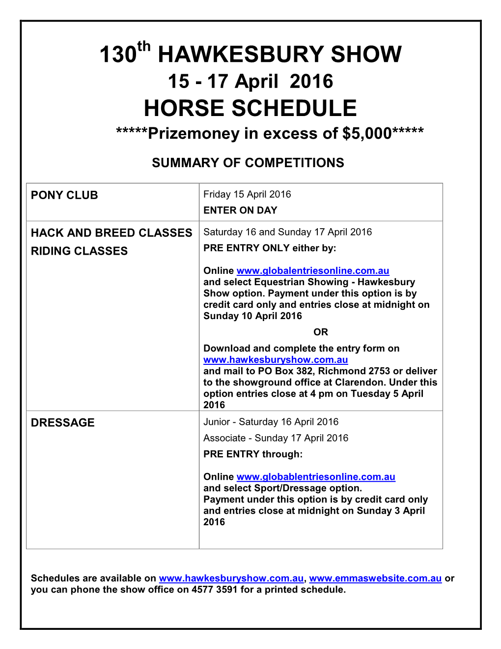 130 Hawkesbury Show Horse Schedule