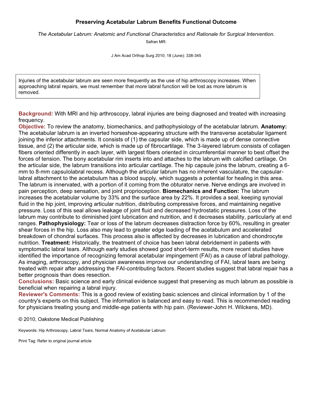 Preserving Acetabular Labrum Benefits Functional Outcome