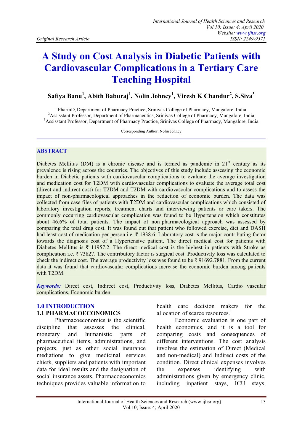 A Study on Cost Analysis in Diabetic Patients with Cardiovascular Complications in a Tertiary Care Teaching Hospital