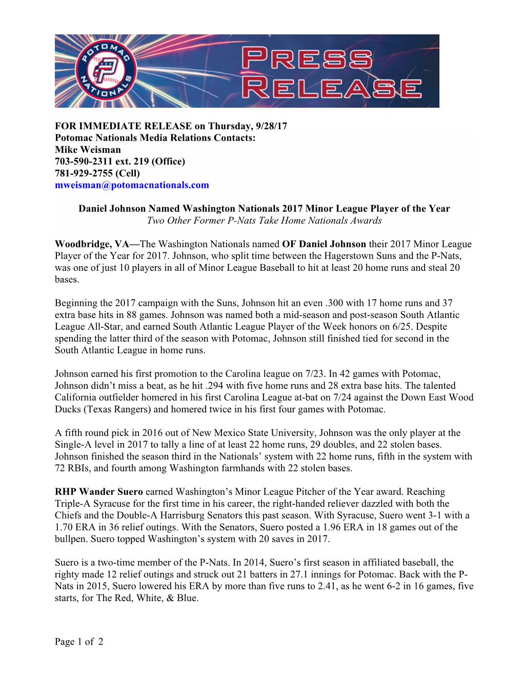 2 Page 1 of for IMMEDIATE RELEASE on Thursday, 9/28/17