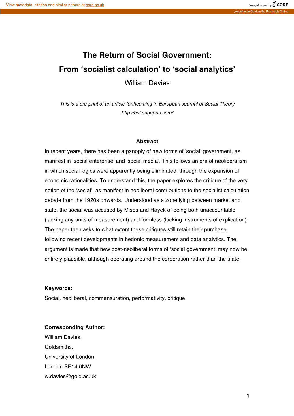 Return of Social Government: from ‘Socialist Calculation’ to ‘Social Analytics’ William Davies