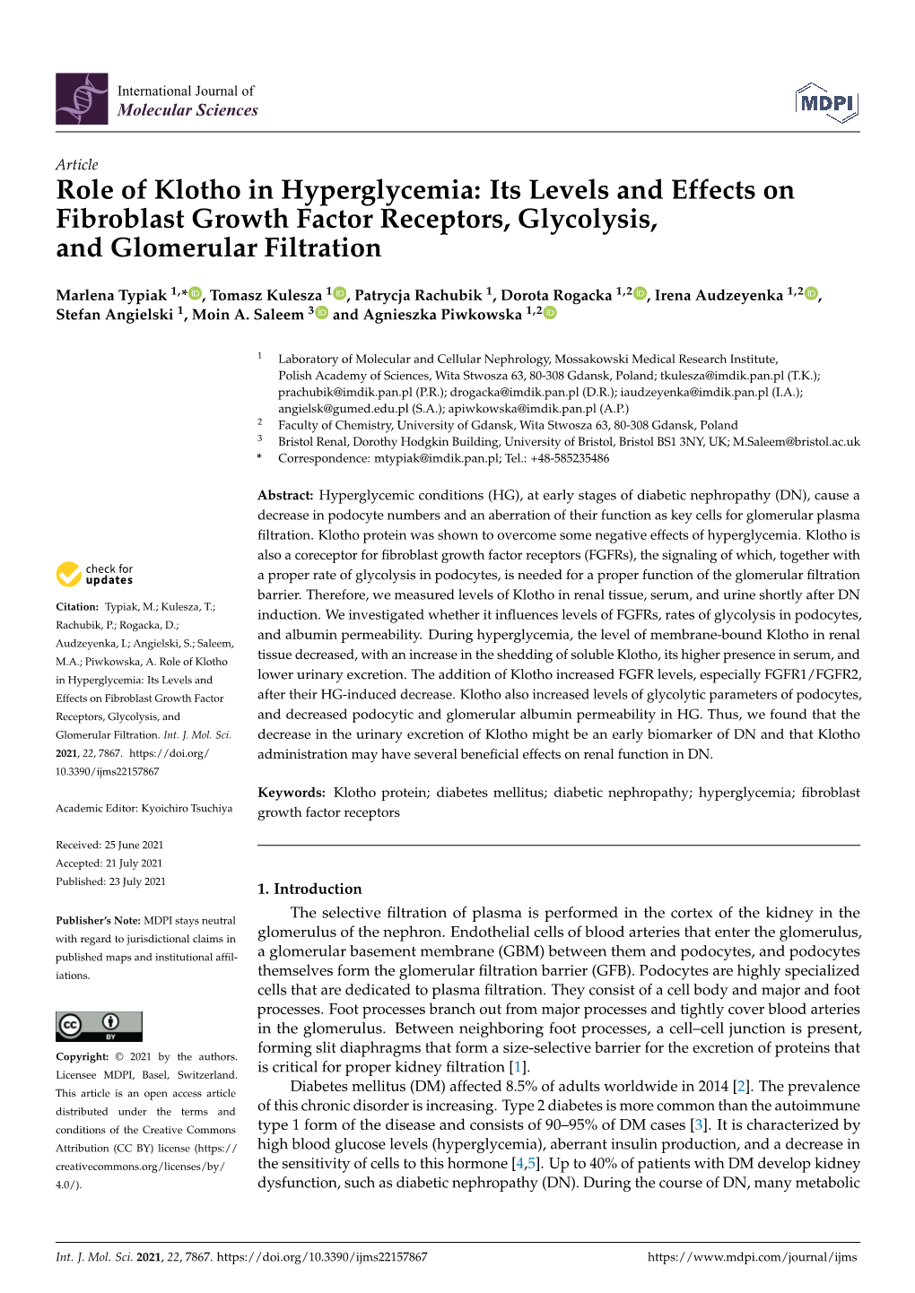 Role of Klotho in Hyperglycemia: Its Levels and Effects on Fibroblast Growth Factor Receptors, Glycolysis, and Glomerular Filtration
