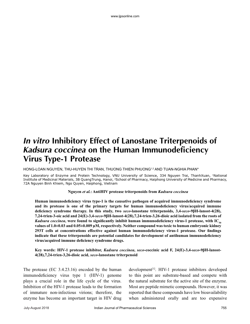 In Vitro Inhibitory Effect of Lanostane Triterpenoids of Kadsura Coccinea on the Human Immunodeficiency Virus Type-1 Protease