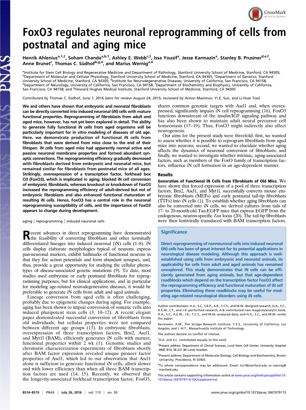 Foxo3 Regulates Neuronal Reprogramming of Cells from Postnatal and Aging Mice