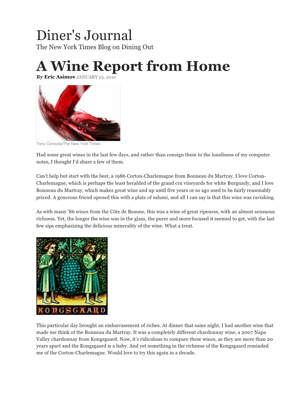 Diner's Journal a Wine Report from Home