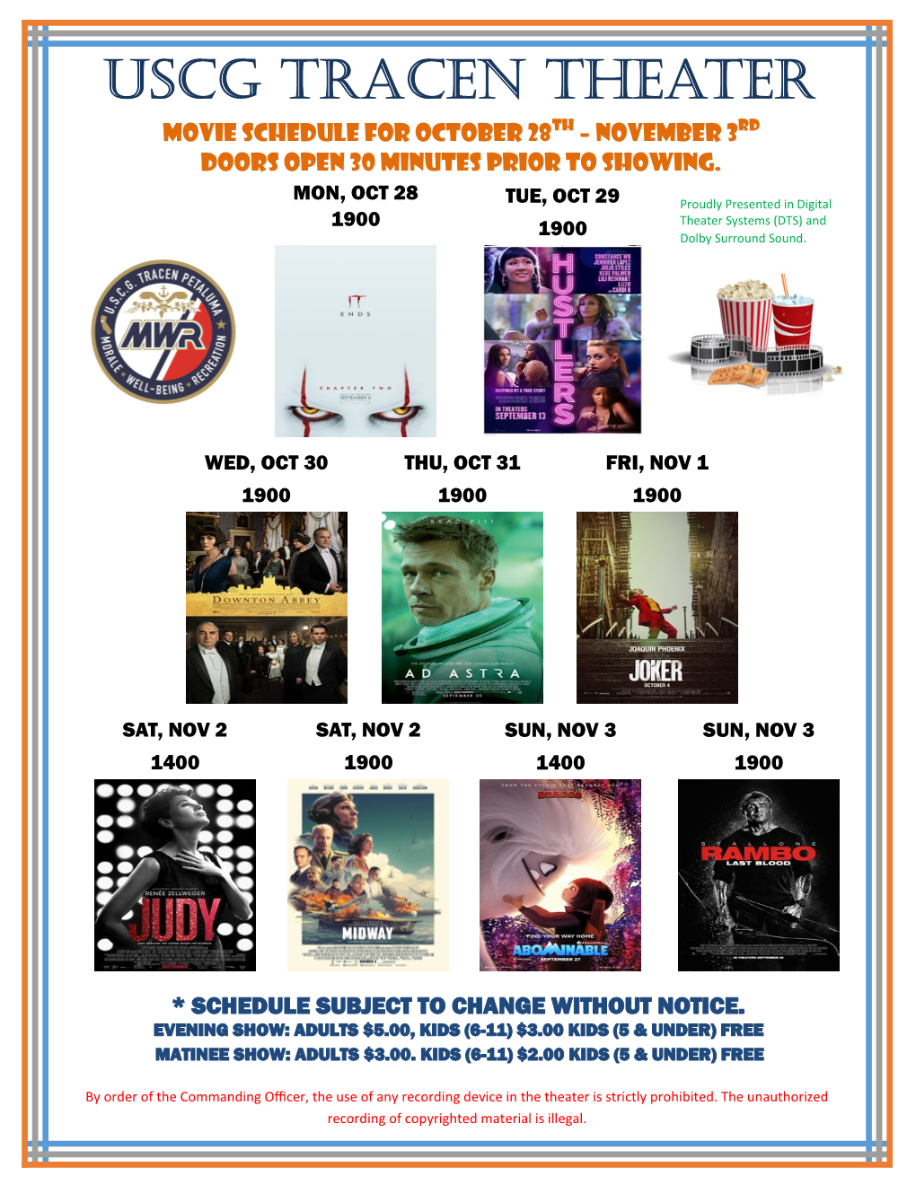 USCG TRACEN Theater MOVIE SCHEDULE for OCTOBER 28Th – NOVEMBER 3RD Doors Open 30 Minutes Prior to Showing