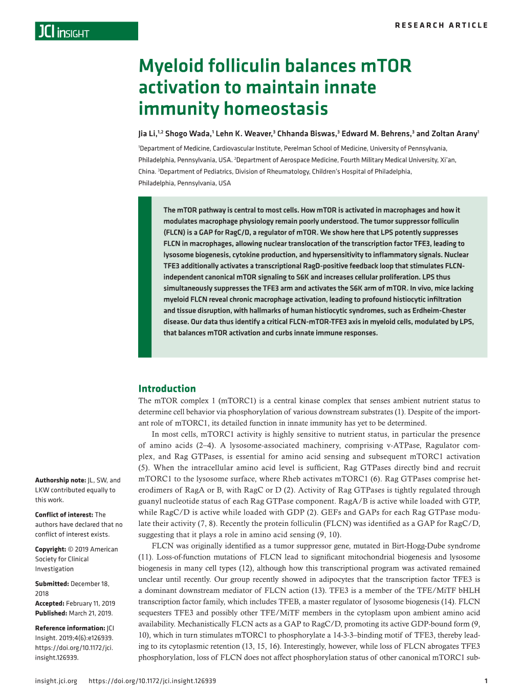 Myeloid Folliculin Balances Mtor Activation to Maintain Innate Immunity Homeostasis