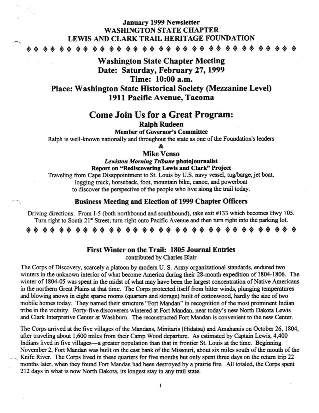 January 1999 Newsletter WASIDNGTON STATE CHAPTER LEWIS and CLARK TRAIL HERITAGE FOUNDATION