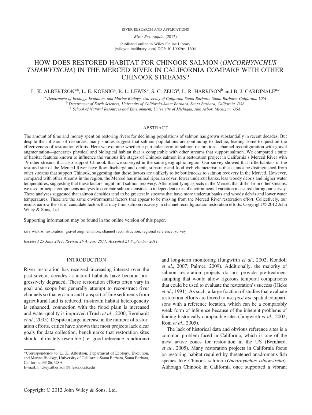 How Does Restored Habitat for Chinook Salmon (Oncorhynchus Tshawytscha) in the Merced River in California Compare with Other Chinook Streams?