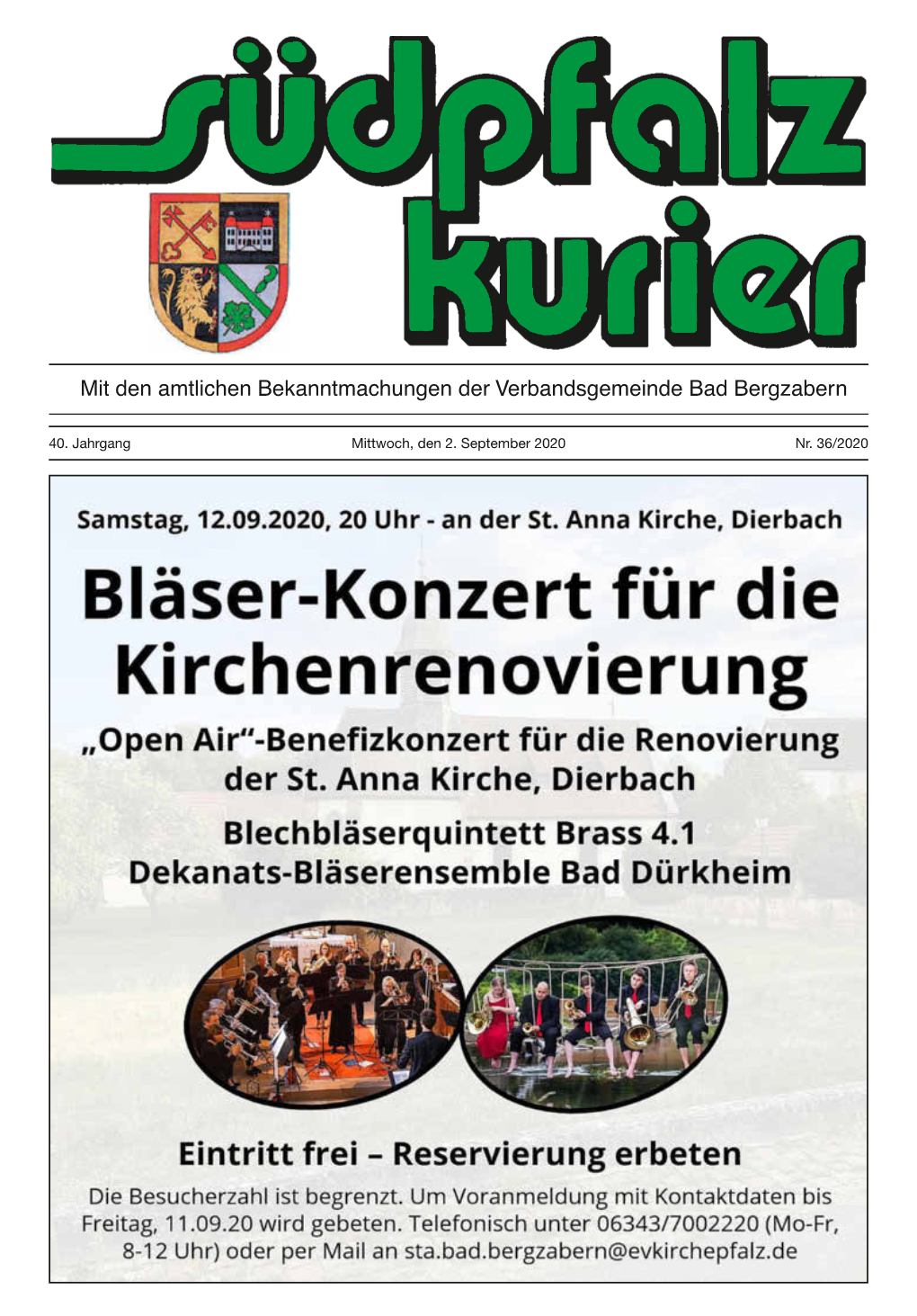40. Jahrgang Mittwoch, Den 2. September 2020 Nr. 36/2020 Bad Bergzabern, Den 02.09.2020 - 2 - Südpfalz Kurier - Ausgabe 36/2020 Auf Einen Blick