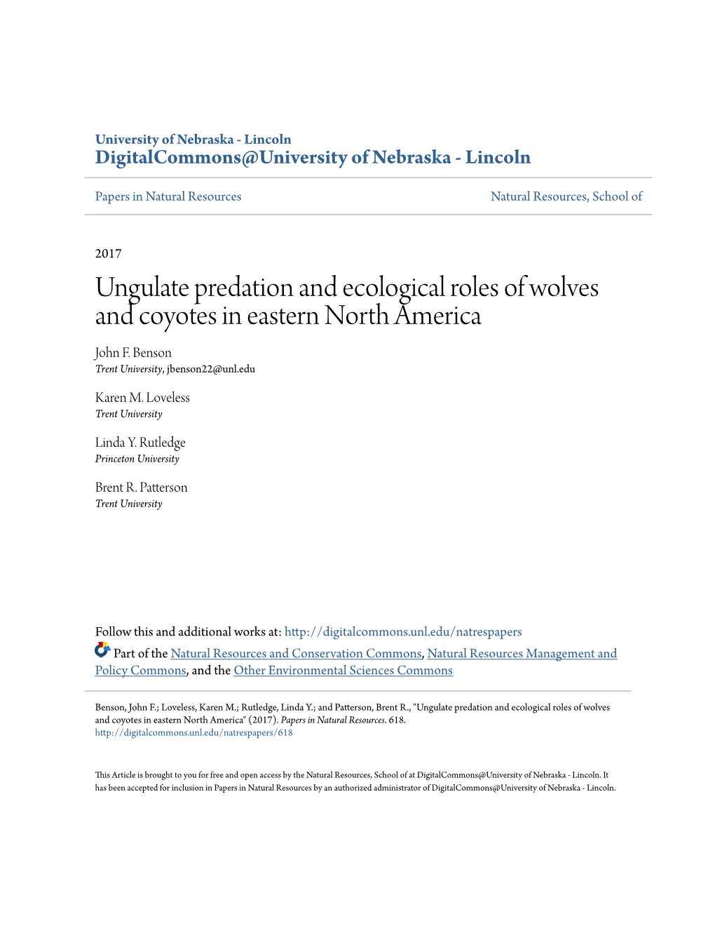 Ungulate Predation and Ecological Roles of Wolves and Coyotes in Eastern North America John F