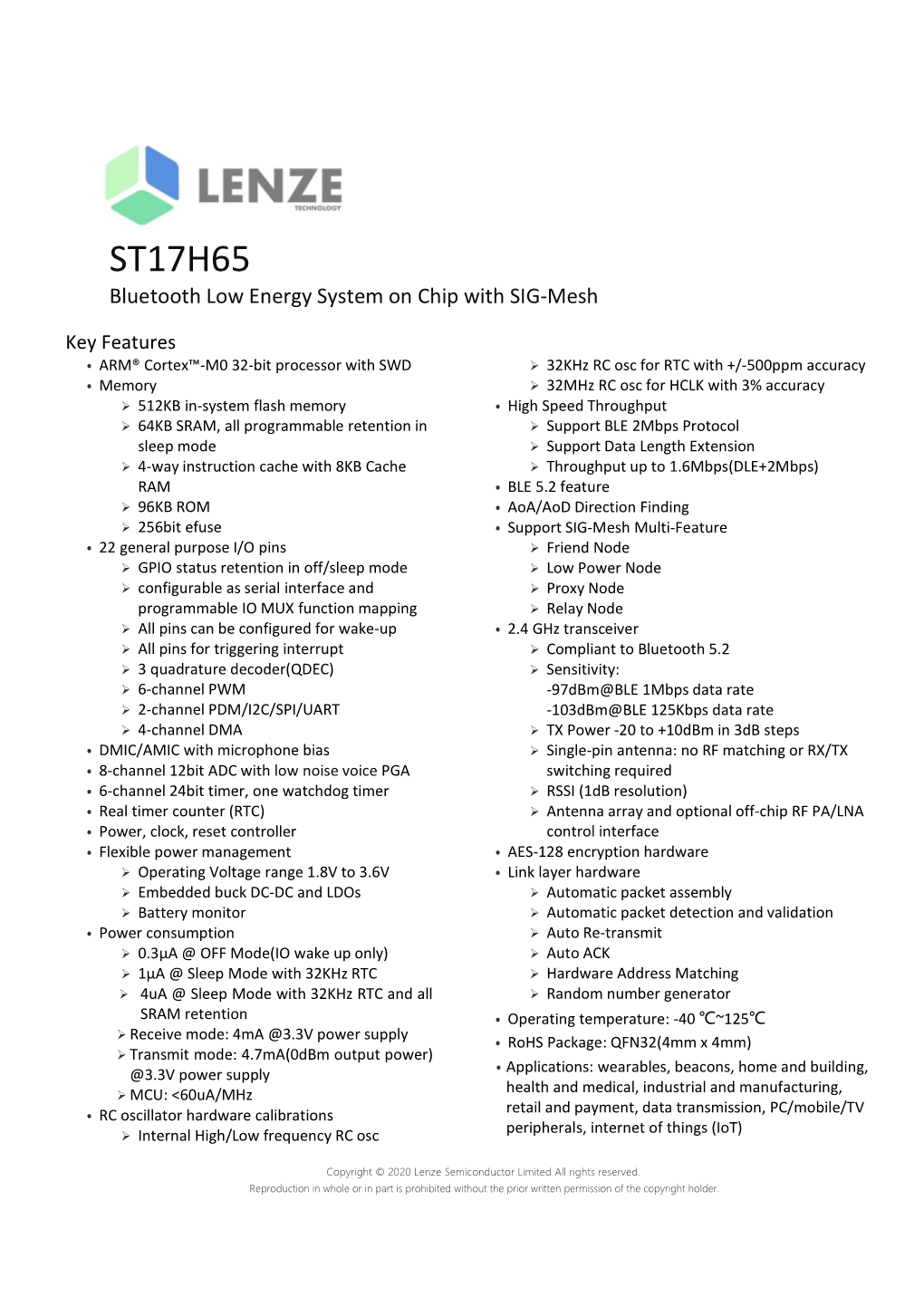 ST17H65 Bluetooth Low Energy System on Chip with SIG-Mesh