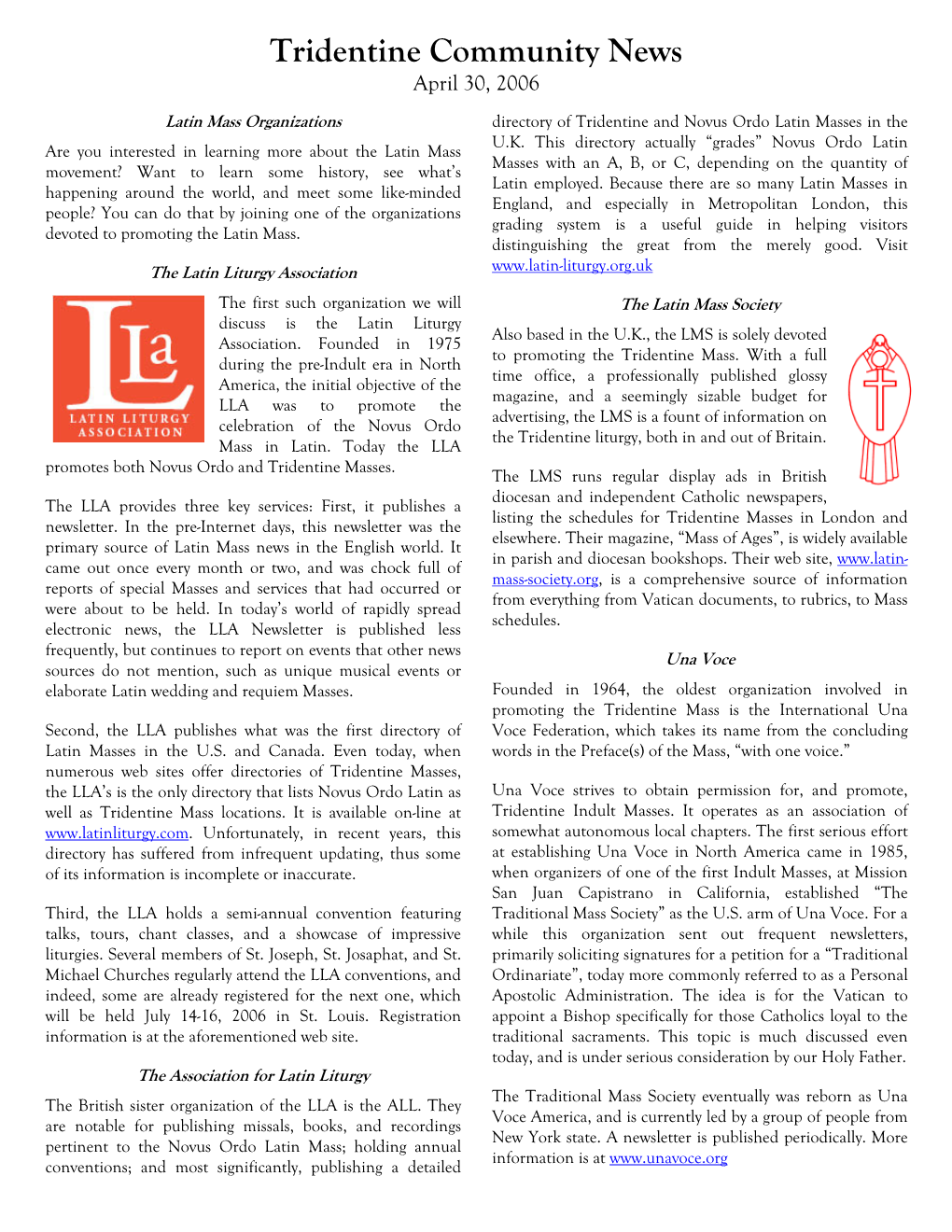 Tridentine Community News April 30, 2006