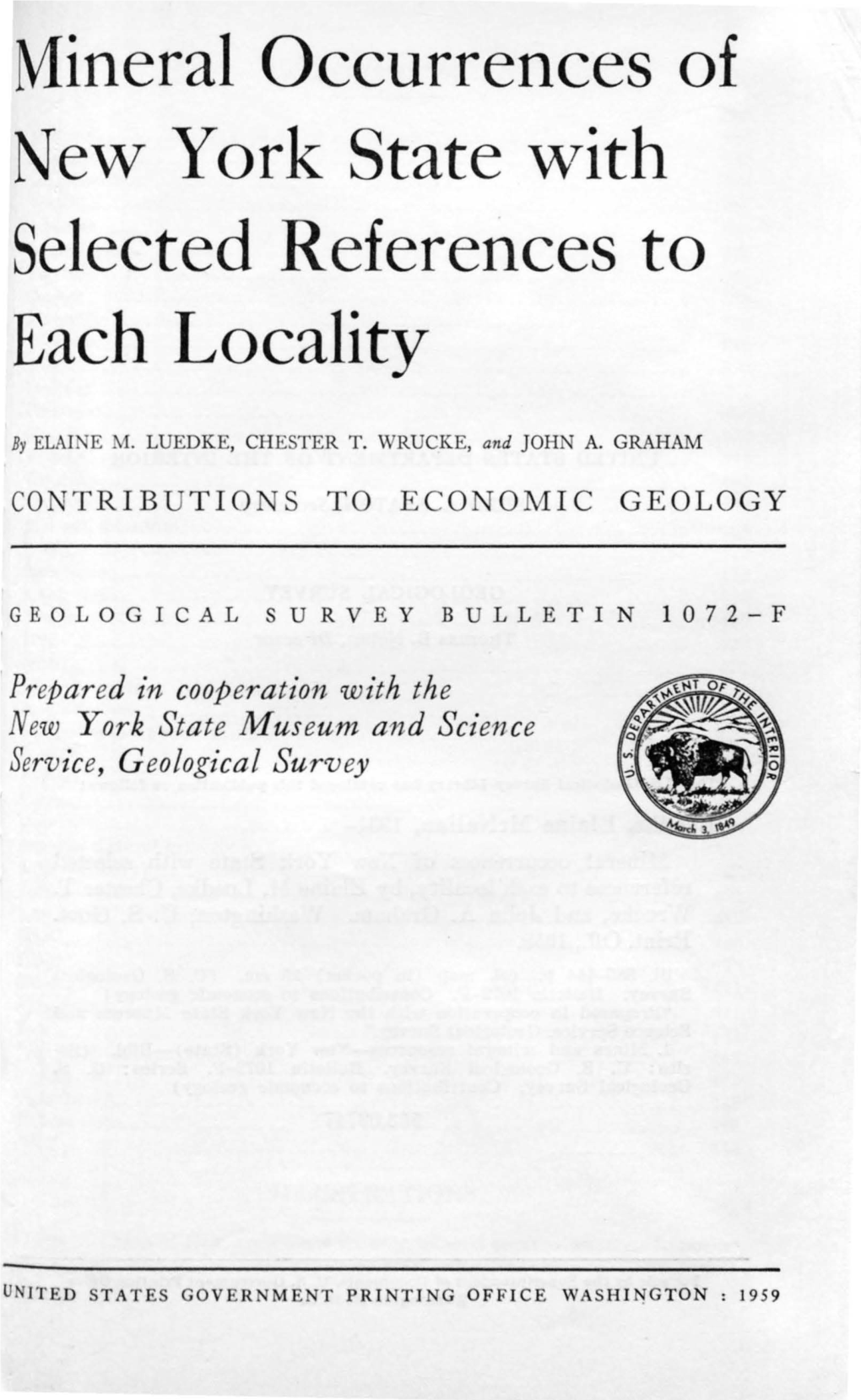 Mineral Occurrences of New York State with Selected References to Each Locality