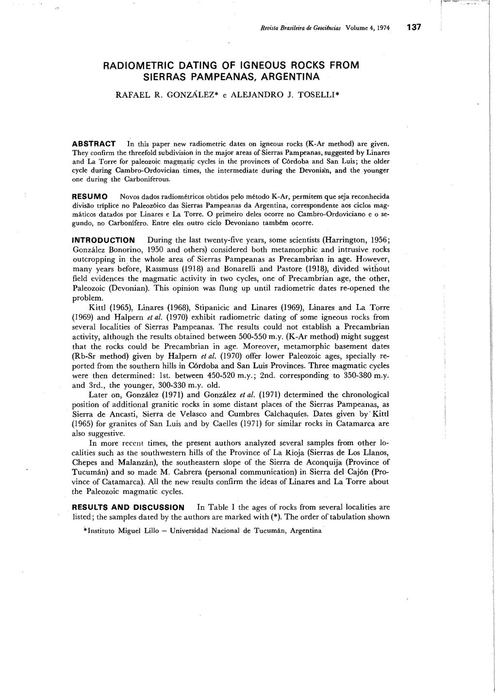 Radiometric Dating of Igneous Rocks from Sierras Pampeanas, Argentina