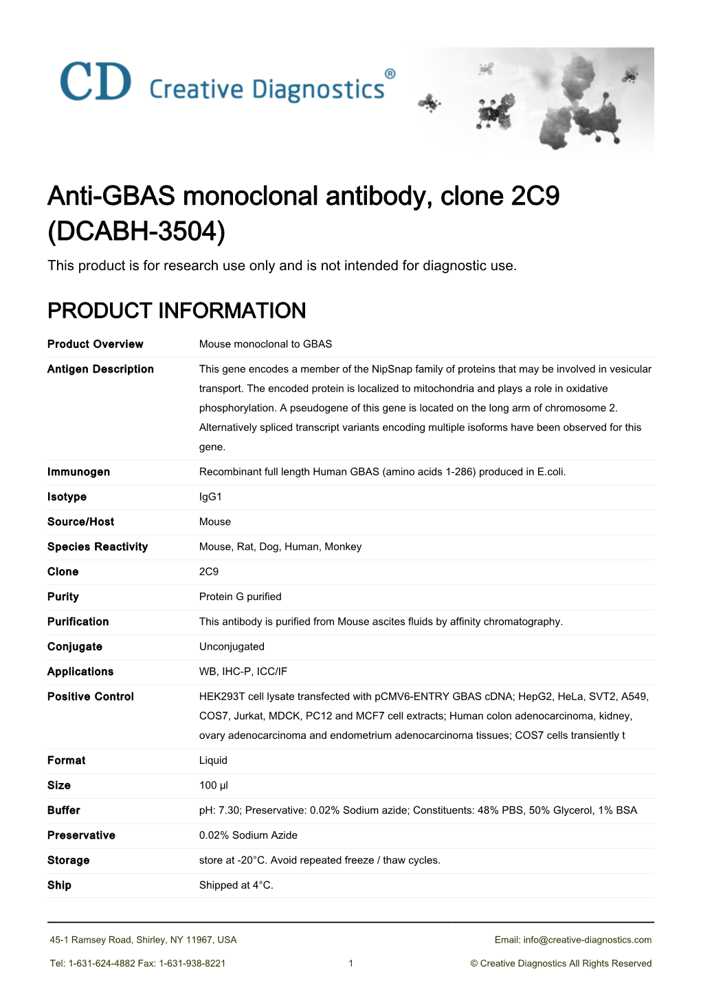 Anti-GBAS Monoclonal Antibody, Clone 2C9 (DCABH-3504) This Product Is for Research Use Only and Is Not Intended for Diagnostic Use