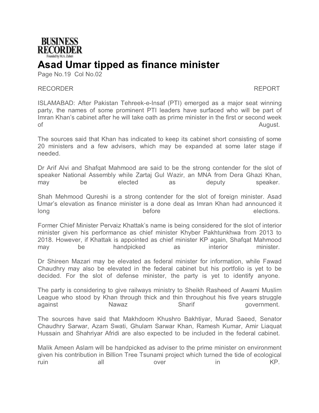 Asad Umar Tipped As Finance Minister Page No.19 Col No.02