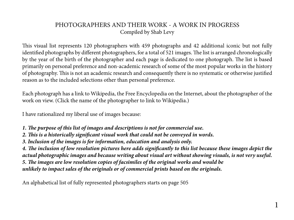 PHOTOGRAPHERS and THEIR WORK - a WORK in PROGRESS Compiled by Shab Levy