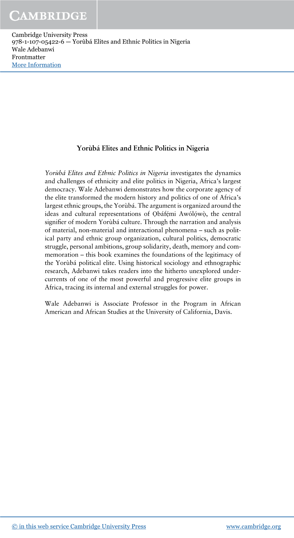 Yorùbá Elites and Ethnic Politics in Nigeria Wale Adebanwi Frontmatter More Information