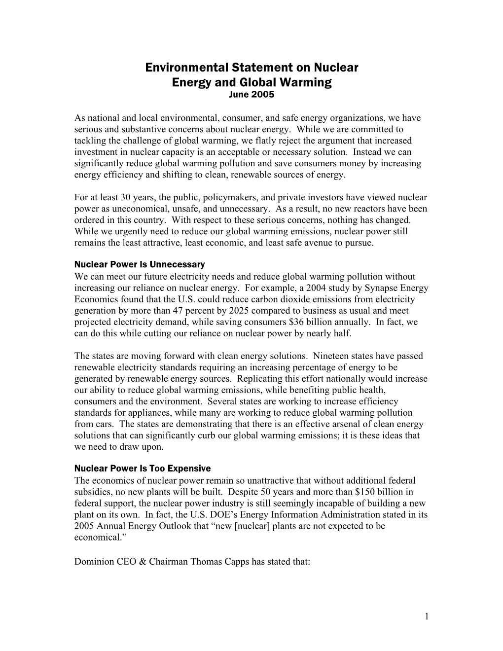 Environmental Statement on Nuclear Energy and Global Warming June 2005