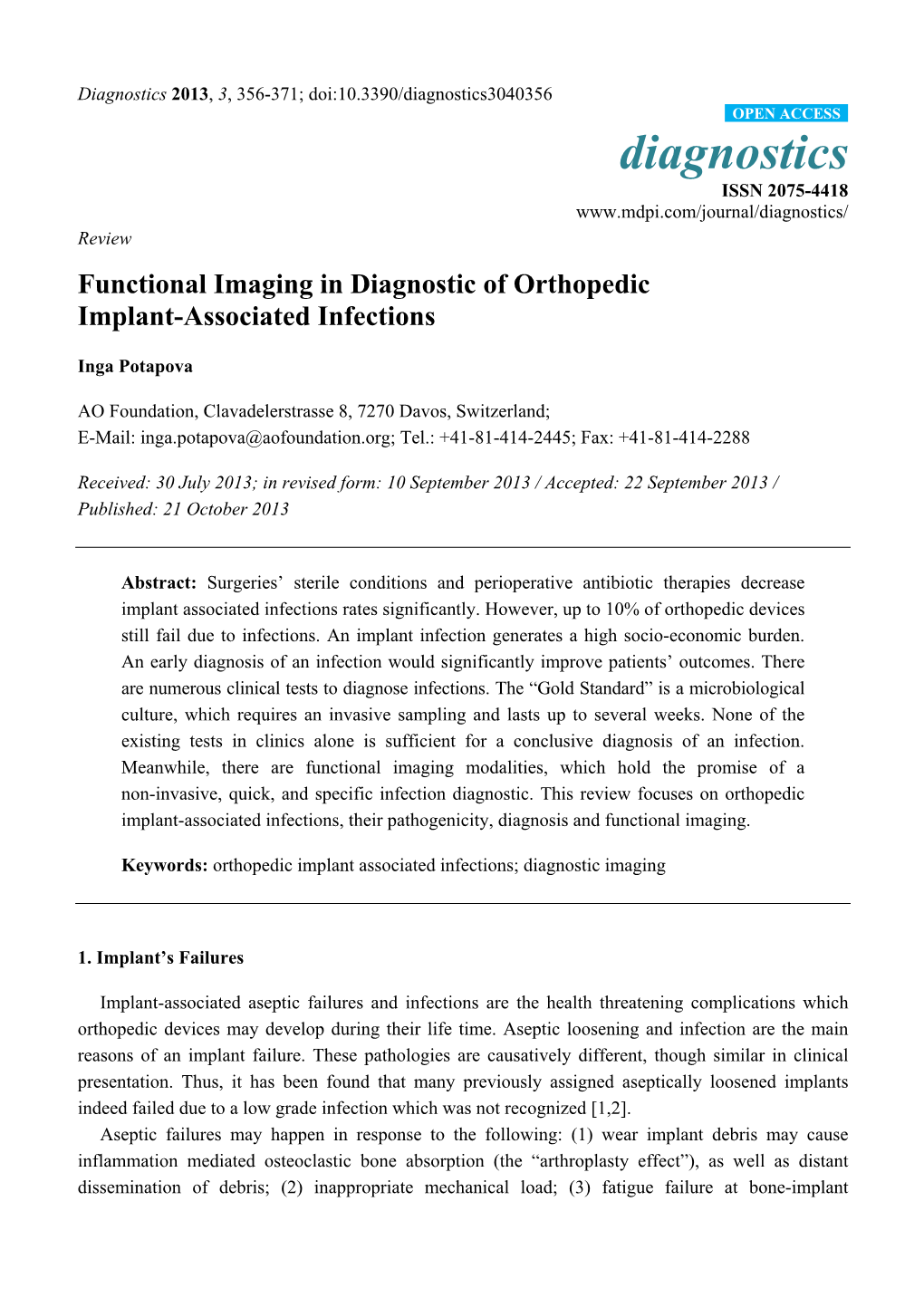 Functional Imaging in Diagnostic of Orthopedic Implant-Associated Infections