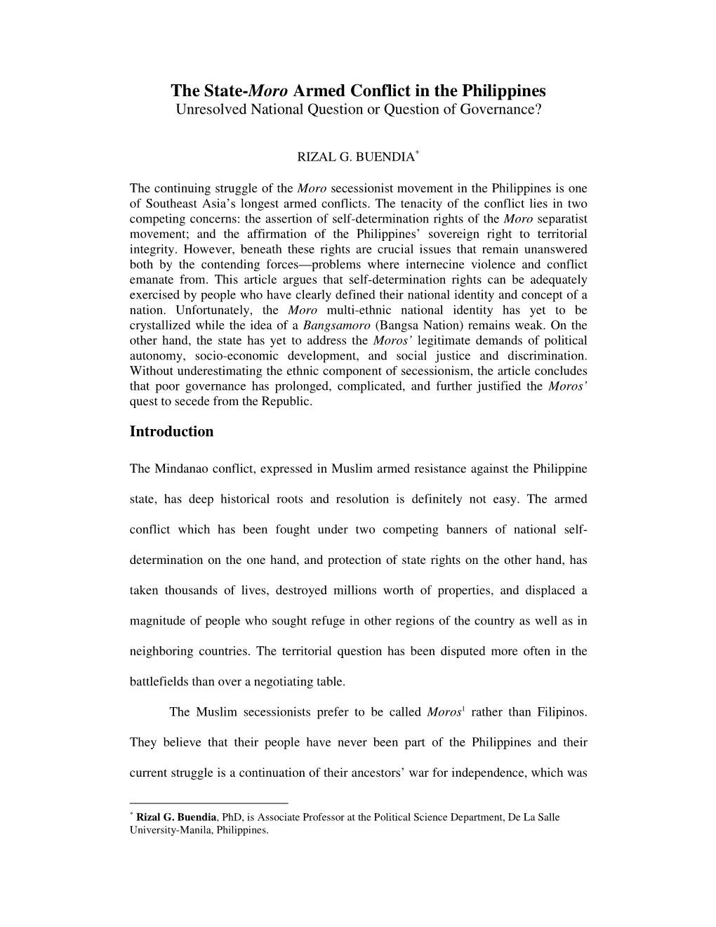 The State-Moro Armed Conflict in the Philippines Unresolved National Question Or Question of Governance?