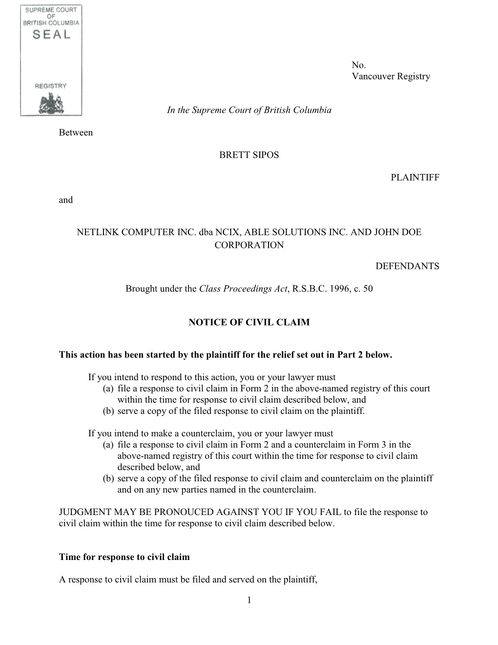 Notice of Civil Claim – Employee